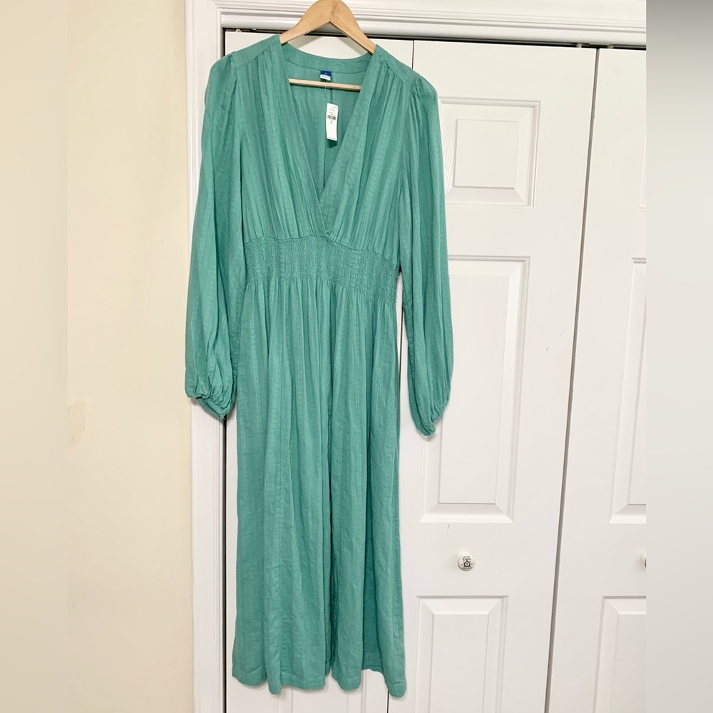Old Navy Shirred Waist Ling Sleeve V Neck Gauzy Midi Dress M Tall - Teal NEW